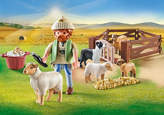 Country Young Shepherd with Flock of Sheep