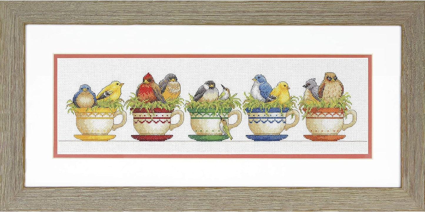 Teacup Birds Counted Cross Stitch 19X6"