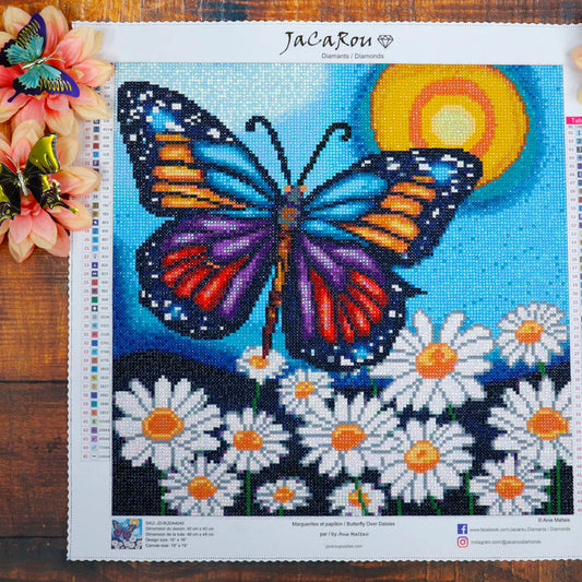 Diamond Butterfly Over Daisies 16X16"